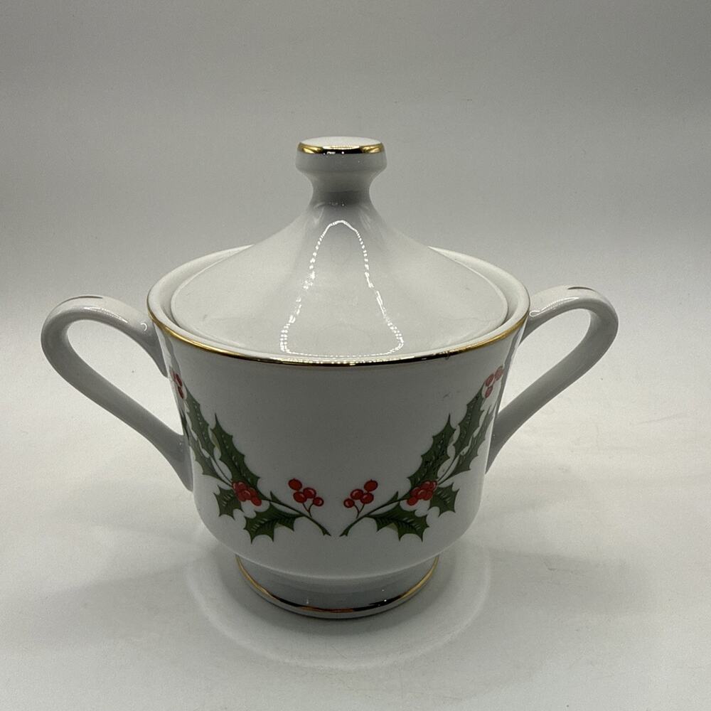 Aristocrat Sugar Bowl & Lid Holly & Berries, Gold Trim 4” *